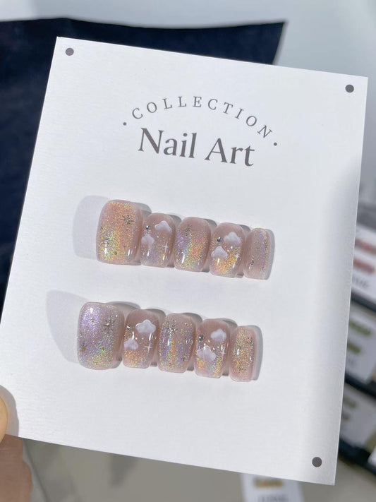 Hand Painted Cloud Press On Nails: Reusable Artist Faux Nails