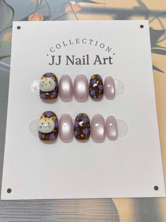 Handmade 3D Cat Flowers Press On Nails: Floral French Reusable Set