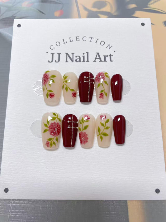 Blooming Flowers Hand Painted Press On Nails: Custom Shape Reusable Nail Set
