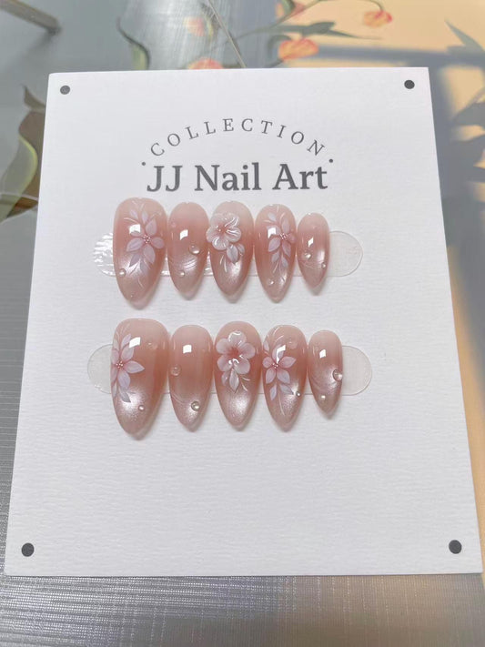 Handmade 3D Pink Flowers Cat Eye Press On Nails: Reusable Set