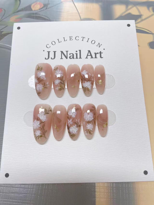 Hand-Painted Floral Press On Nails: Reusable Custom Shape Set