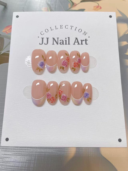 Vibrant Roses French Press On Nails: Custom Shape Reusable Set