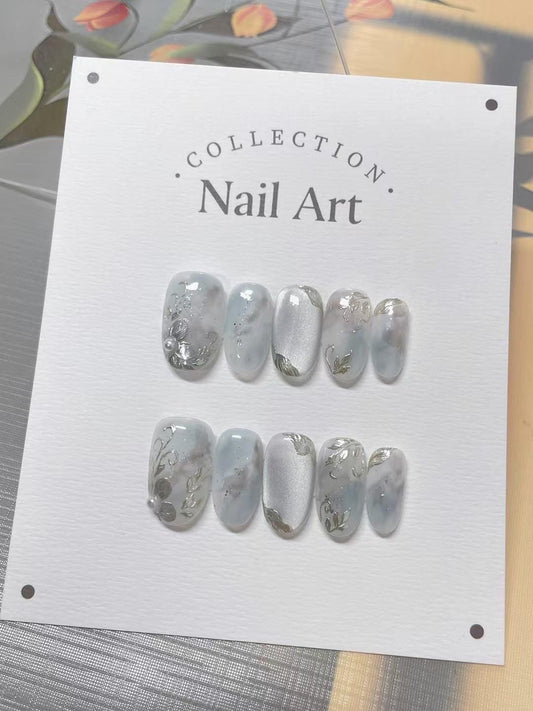 Silver Flower Cat Eye Press On Nails: Hand Painted Reusable Faux Nails