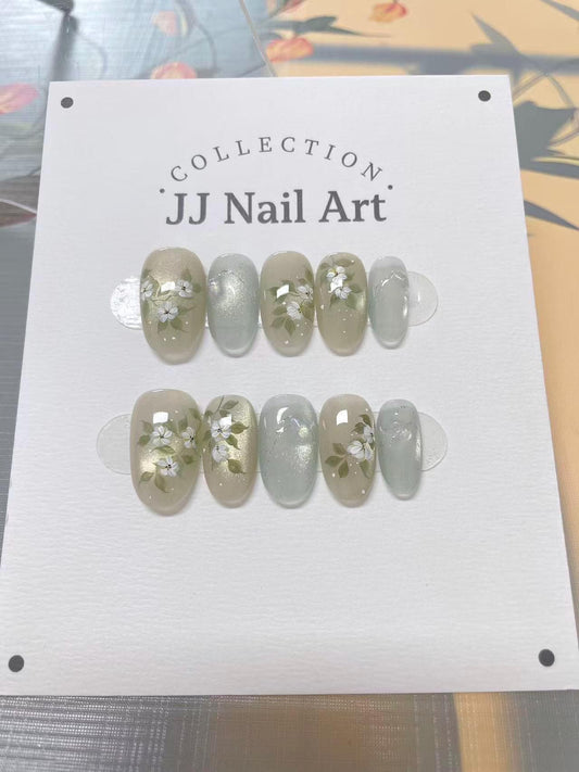 Handmade White Flowers Cat Eye Press On Nails: Reusable Set