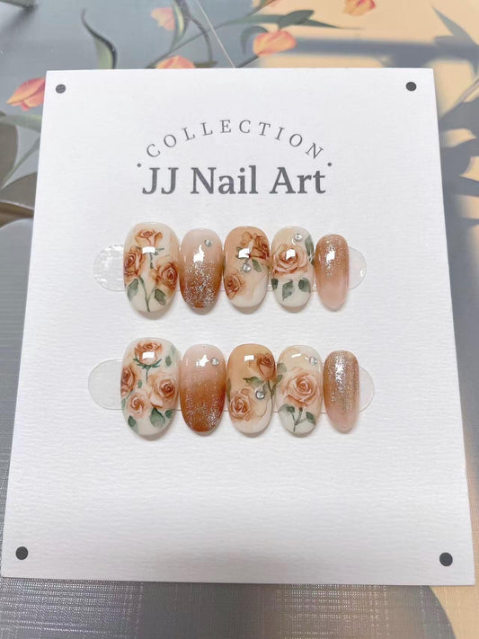 Hand Painted Rose Press On Nails: Reusable Custom Set