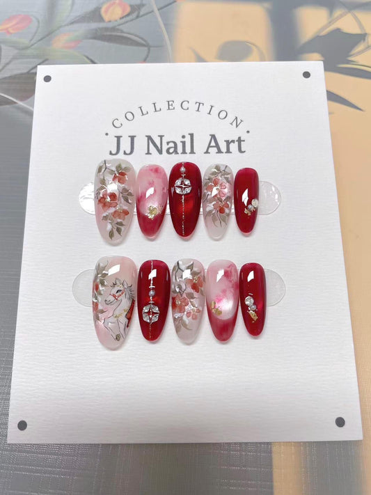White Horse Cat Eye Hand Painted Press On Nails: Custom Shape Reusable Nail Set