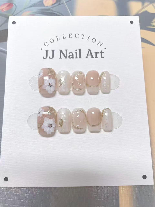 White Petals Blushed Hand Painted Press On Nails: Custom Shape Reusable Nail Set