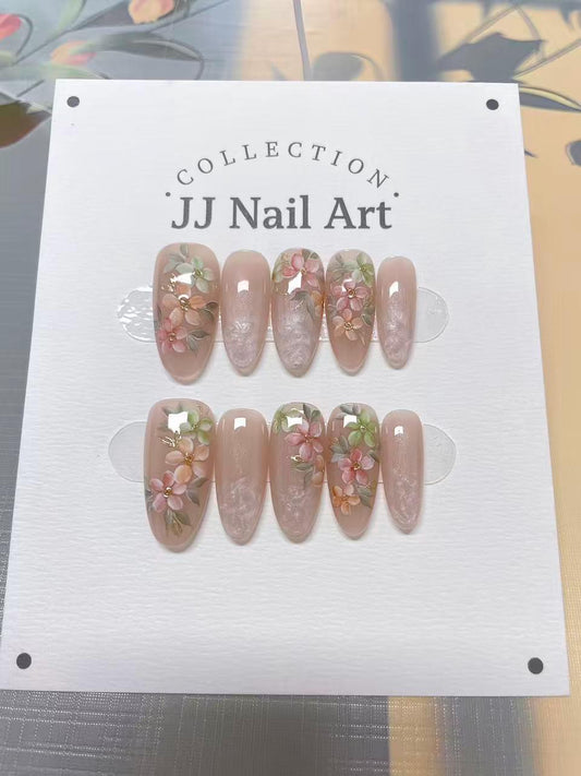 Fresh Color Flowers Hand Painted Press On Nails: Custom Shape Reusable Nail Set