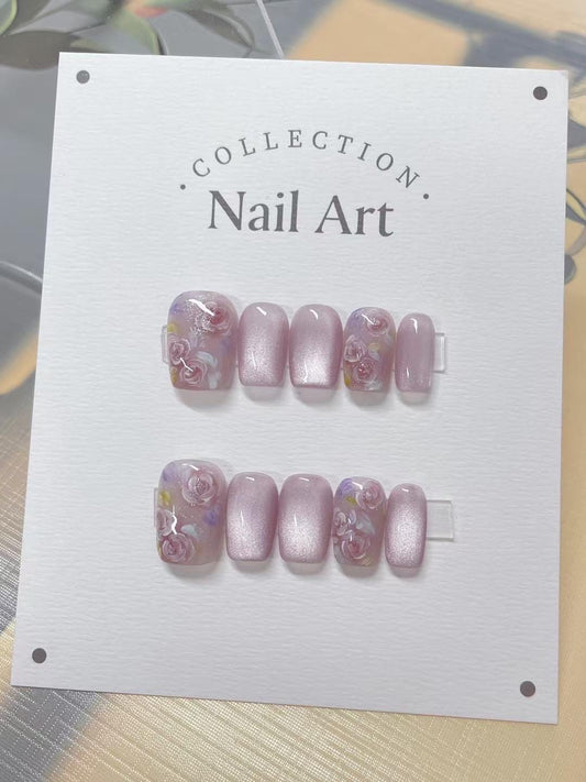 Pink Roses Cat Eye Press On Nails: Hand Painted Reusable Faux Nails