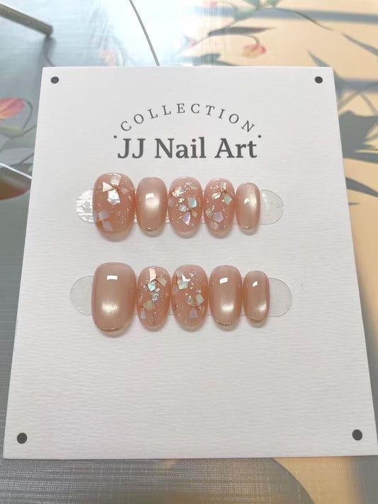 Handmade Shell Petals Cat Eye Press On Nails: Reusable Set