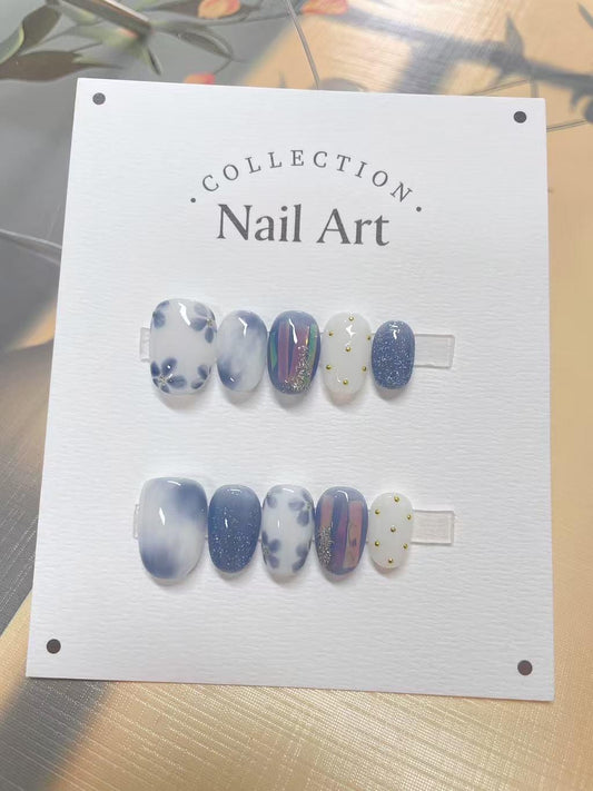 Aurora Blue Floral Press On Nails: Hand Painted Reusable Faux Nails