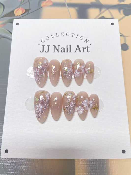 Flowers And Butterflies Hand Painted Press On Nails: Custom Shape Reusable Nail Set