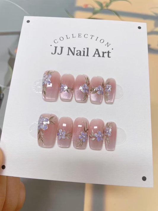 Cat Eye French Tips with Petals Hand Painted Press On Nails