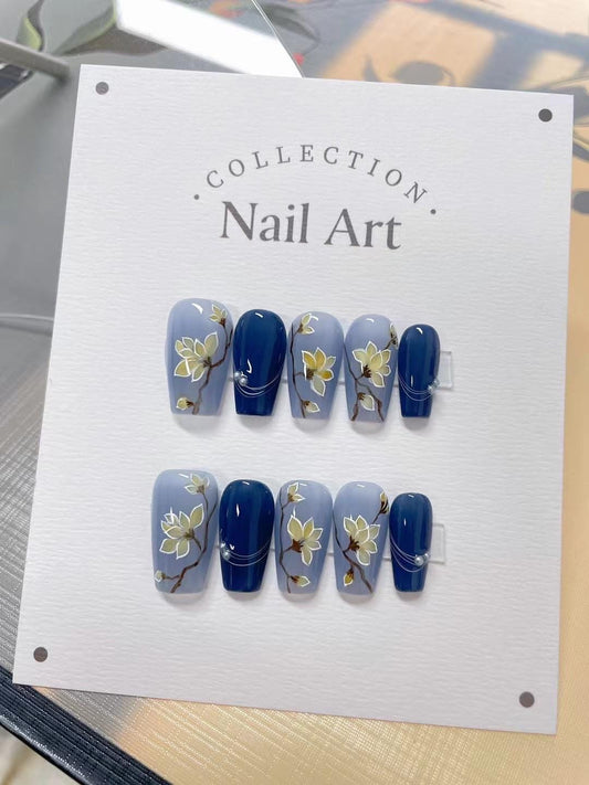 Yellow Flower Press On Nails: Hand Painted Blue Reusable Faux Nails