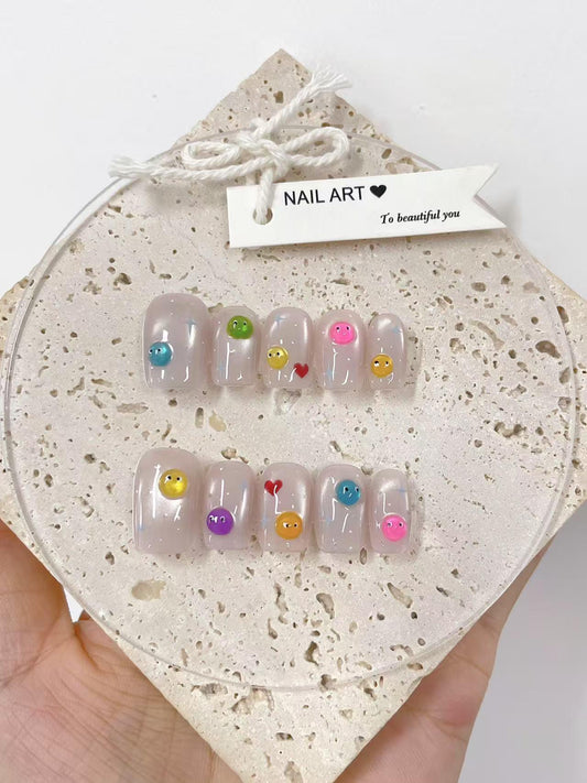 Custom Nail Shape Handmade Colorful Smiley Face Press On Nails, Comfortable Reusable Nails