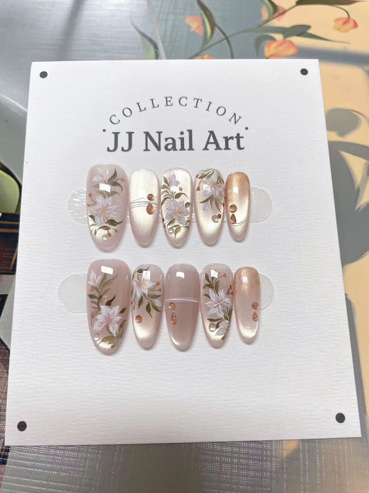 Hand Painted Floral Press On Nails: Reusable Custom Cat Eye Set