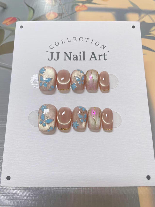 Blue Butterflies Press On Nails: Reusable Custom Shape Set