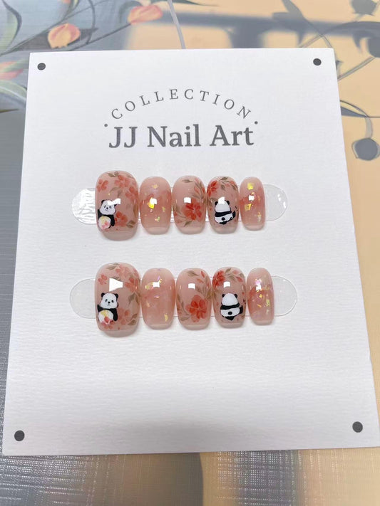 Hand Painted Panda with Flowers Press On Nails: Custom Shape Reusable Nail Set