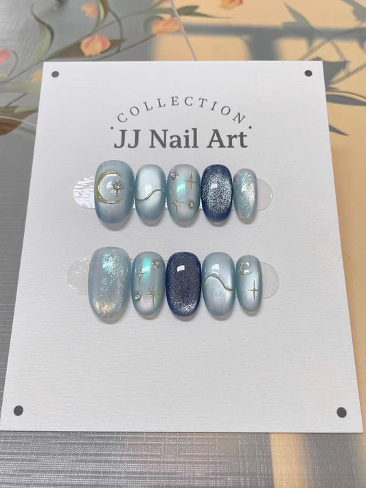 Sky Blue Handmade Press On Nails: Custom Shape Reusable Set