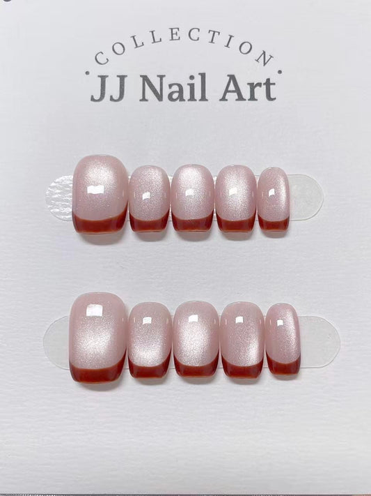 Handmade Burgundy French Tip Press On Nails: Cat Eye Custom Nail Shape