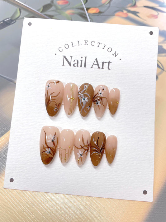 Hand Painted Flower Press On Nails: Elegant Reusable Faux Nails