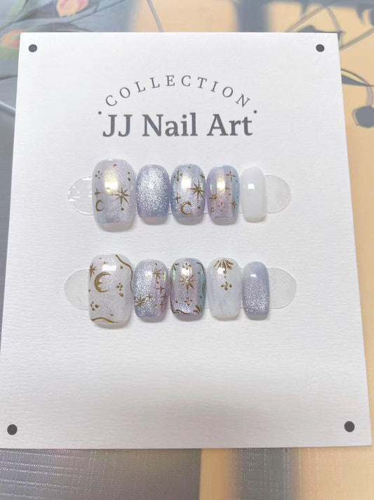 Pretty Pearlescent Hand Painted Press On Nails: Custom Shape Reusable Nail Set