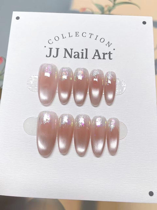 Crystal Cat Eye Hand Painted Press On Nails: Custom Shape Reusable Nail Set