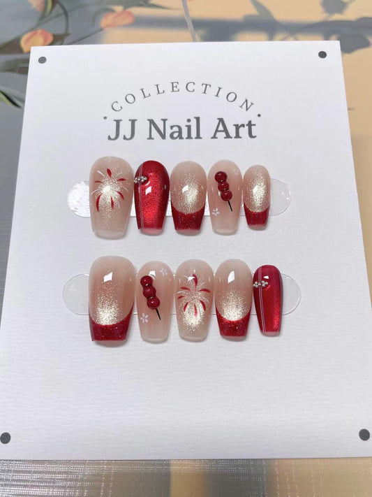 Custom Shape Hand Painted Press On Nails: Red Celebration Cat Eye Reusable Nail Set