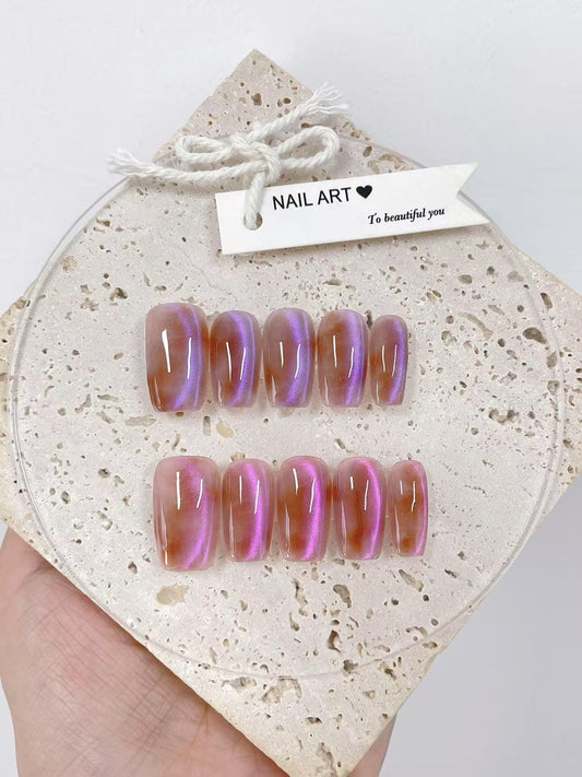 Hand Painted Cat Eye Press On Nails: Reusable Artist Faux Nails