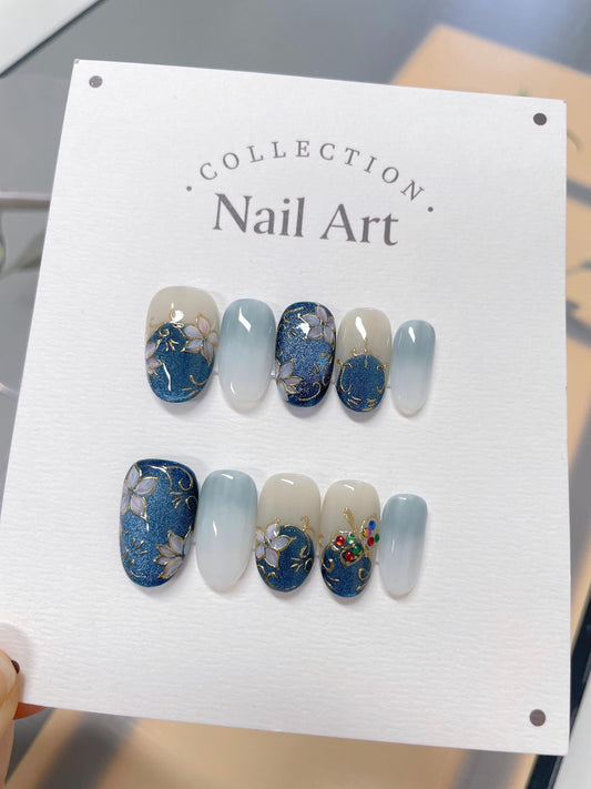 Ocean Blue Cat Eye Press On Nails: White Floral, Hand Painted, Reusable