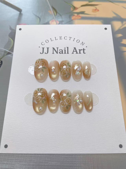 Handmade Cat Eye Roses Press On Nails: Reusable Set