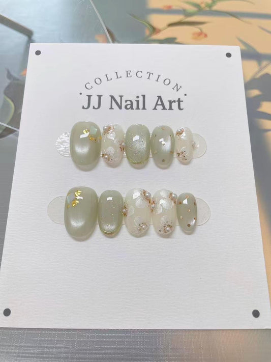 Handmade Jade Cat Eye Pearls Press On Nails: Reusable Set