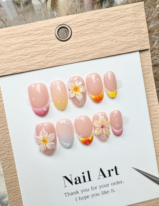 3D Flower Press On Nails: Dopamine Colors, Hand Painted, Reusable