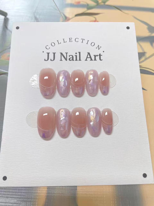 Handmade Pink Pearlescent French Press On Nails: Reusable Set