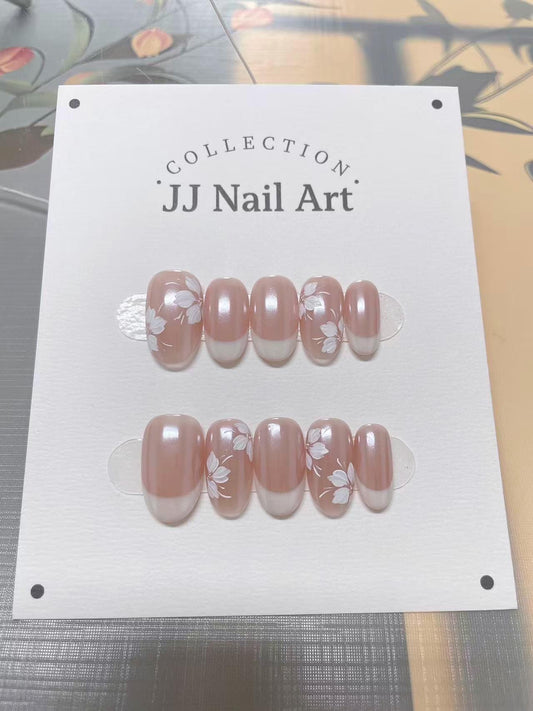 White French With Petals Press On Nails: Hand Painted Reusable Fake Nails