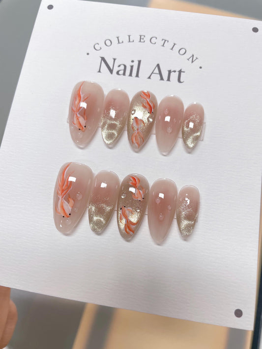 Hand Painted Press On Nails: Cat Eye Fish Design, Reusable Faux Nails