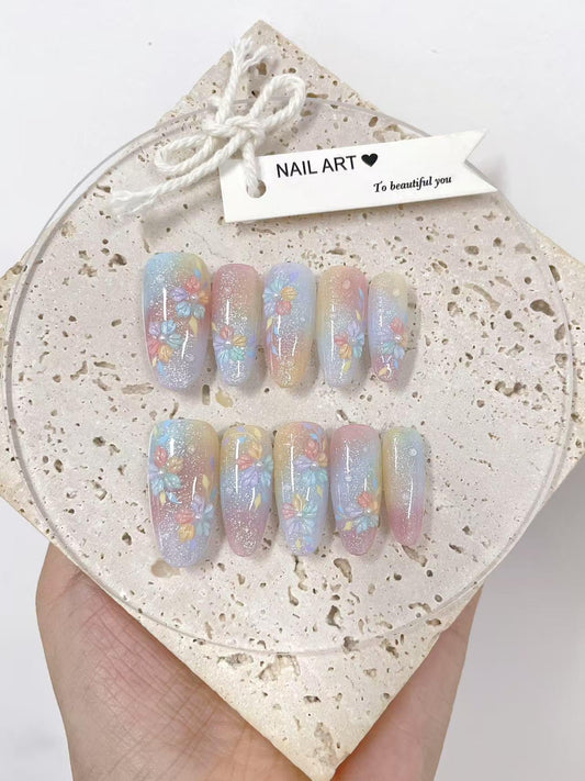 Hand Painted Rainbow Flower Press On Nails: Reusable Artist Faux Nails