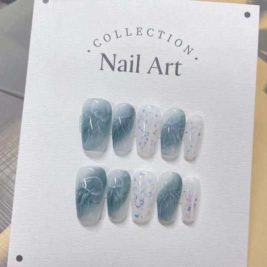 Handmade Fish & Flowers Press On Nails: Reusable Gel Faux Nails