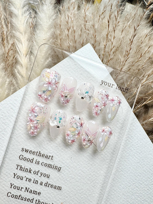 Blooming Flowers Press On Nails: Hand Painted Reusable Faux Nails