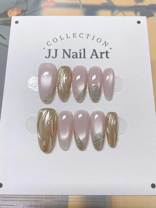Custom Shape Hand Painted Press On Nails: Cat Eye French Glitters Reusable Nail Set