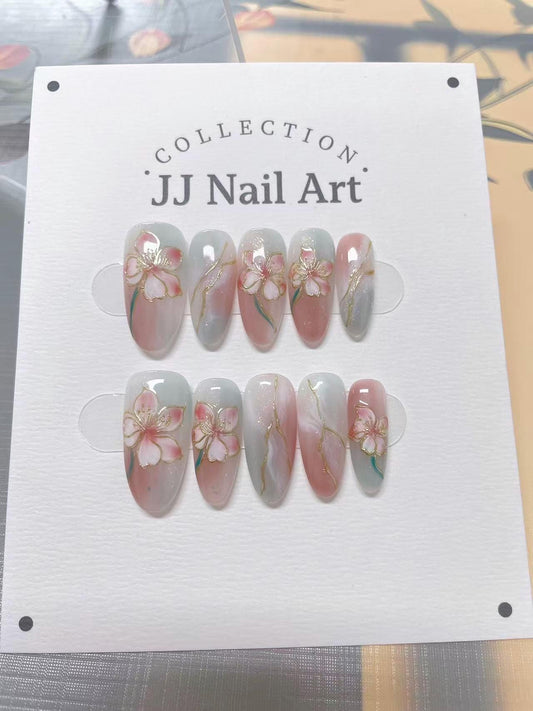 Petals in Smudge Hand Painted Press On Nails: Custom Shape Reusable Nail Set