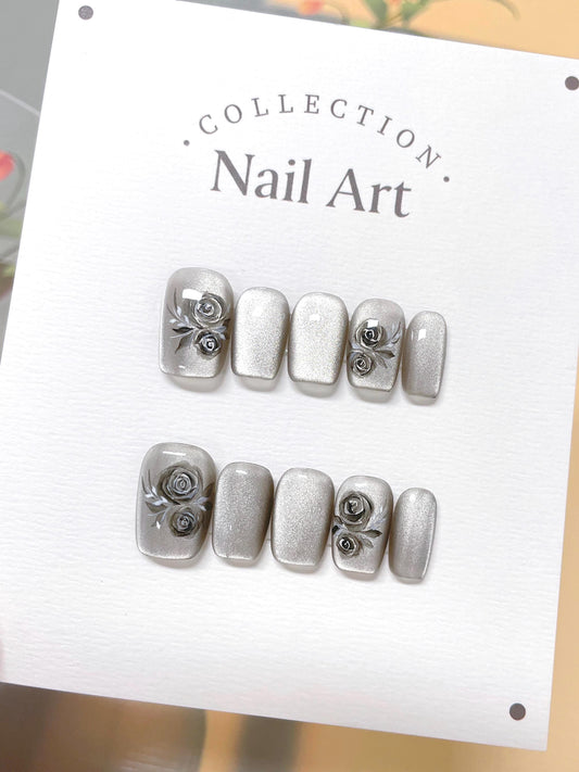 Hand Painted Black Roses Cat Eye Press On Nails: Reusable Artist Faux Nails