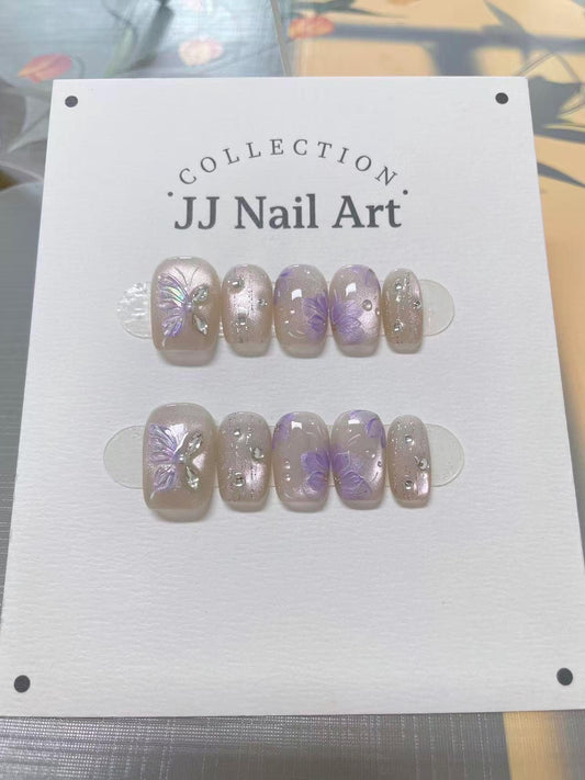 Handmade Purpke Petals Butterflies Cat Eye Press On Nails: Reusable Nail Set