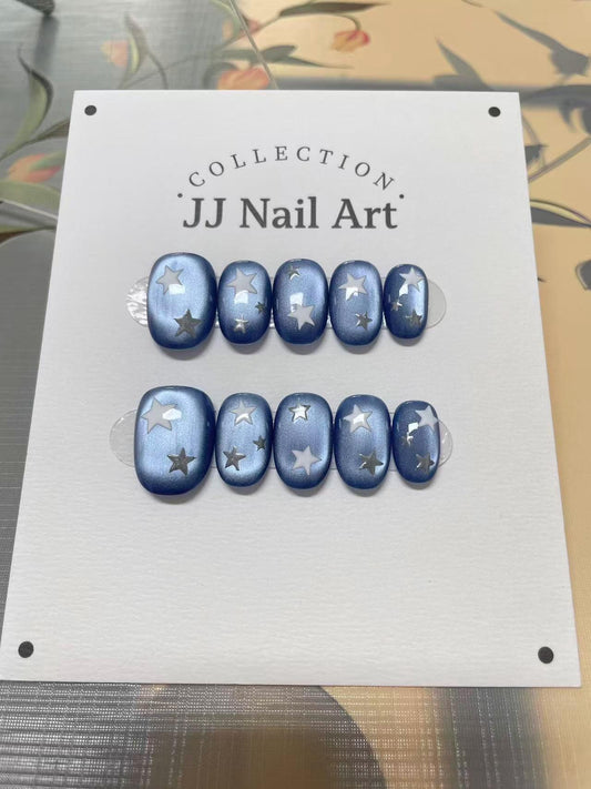 Handmade Stars Blue Cat Eye Press On Nails: Reusable Set