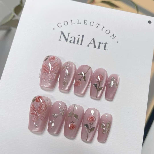 3D Flower Press On Nails: Handmade Reusable Coquette Faux Nails