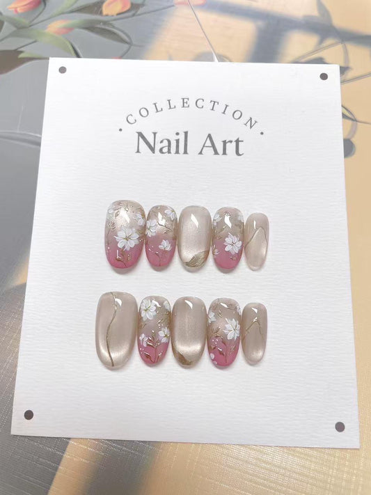 Pink Ombre Press On Nails: Hand Painted White Petals, Reusable