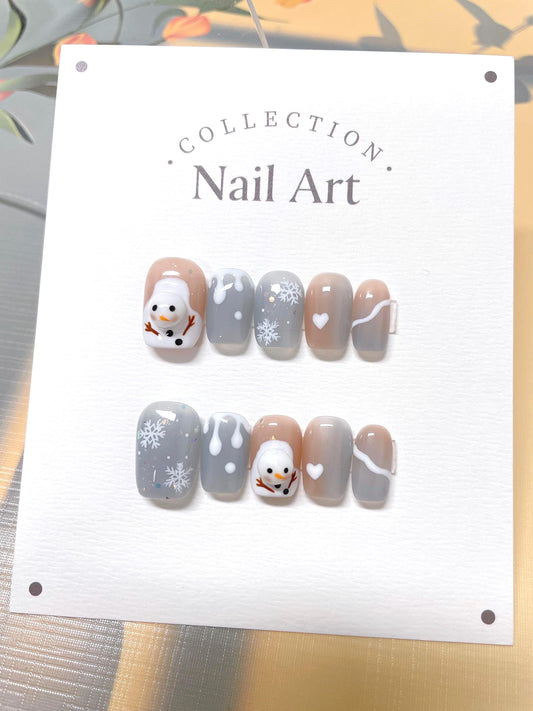 Hand Painted Snowman Press On Nails: Christmas Reusable Faux Nails