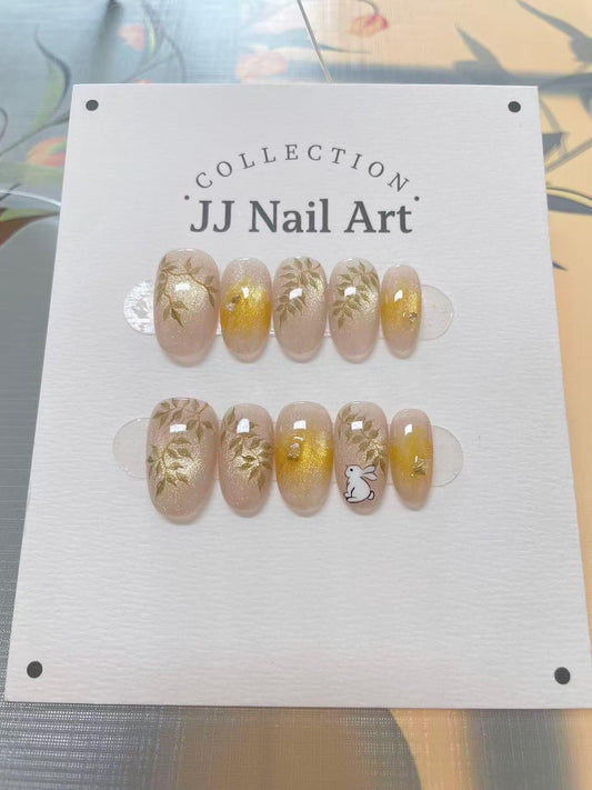 Handpainted Floral French Press On Nails: Bunny, Flowers, Reusable Set