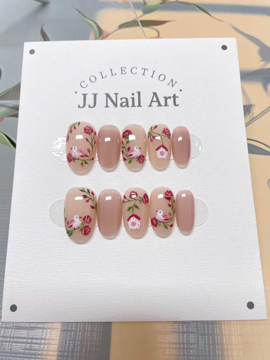 Birds And Flower Press On Nails: Custom Shape Reusable Nail Set
