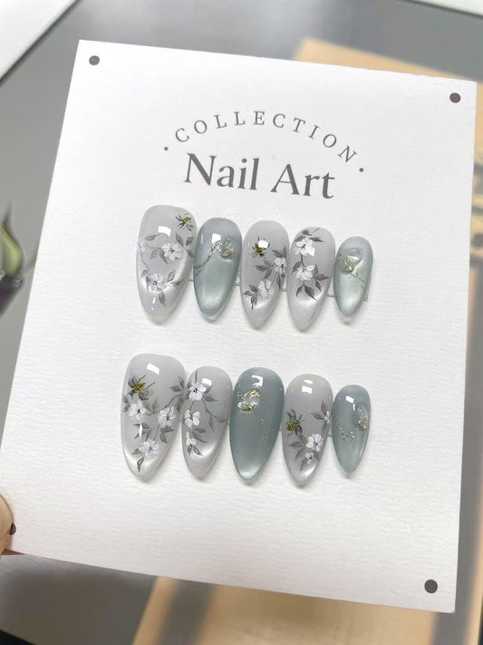 Hand Painted Spring Flowers Press On Nails: Reusable Artist Faux Nails